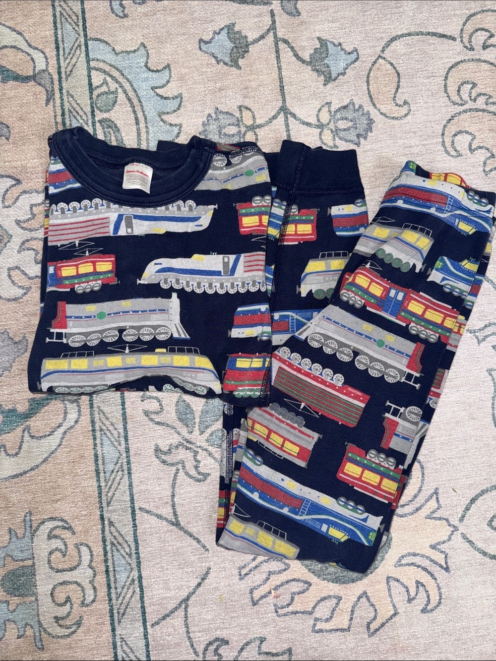 Hanna Andersson Navy Train Print Pajama Set with Red, Yellow & Blue Trains
